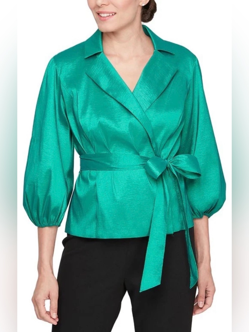 NEW Petite Alex Evenings V-Neck 3/4 Balloon Sleeve Tie Waist Green $139